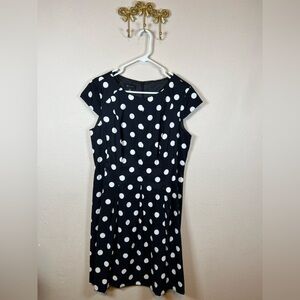 AB Studio Black Dress with White Polka Dots - Midi Cap Sleeve. Size 16